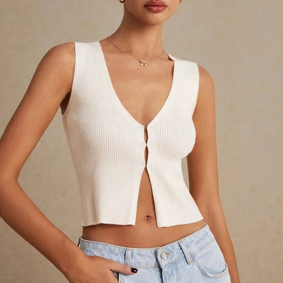 Beige Casual Women's Sleeveless Knit Open Placket Tank Top Vest - Picture 4 of 7